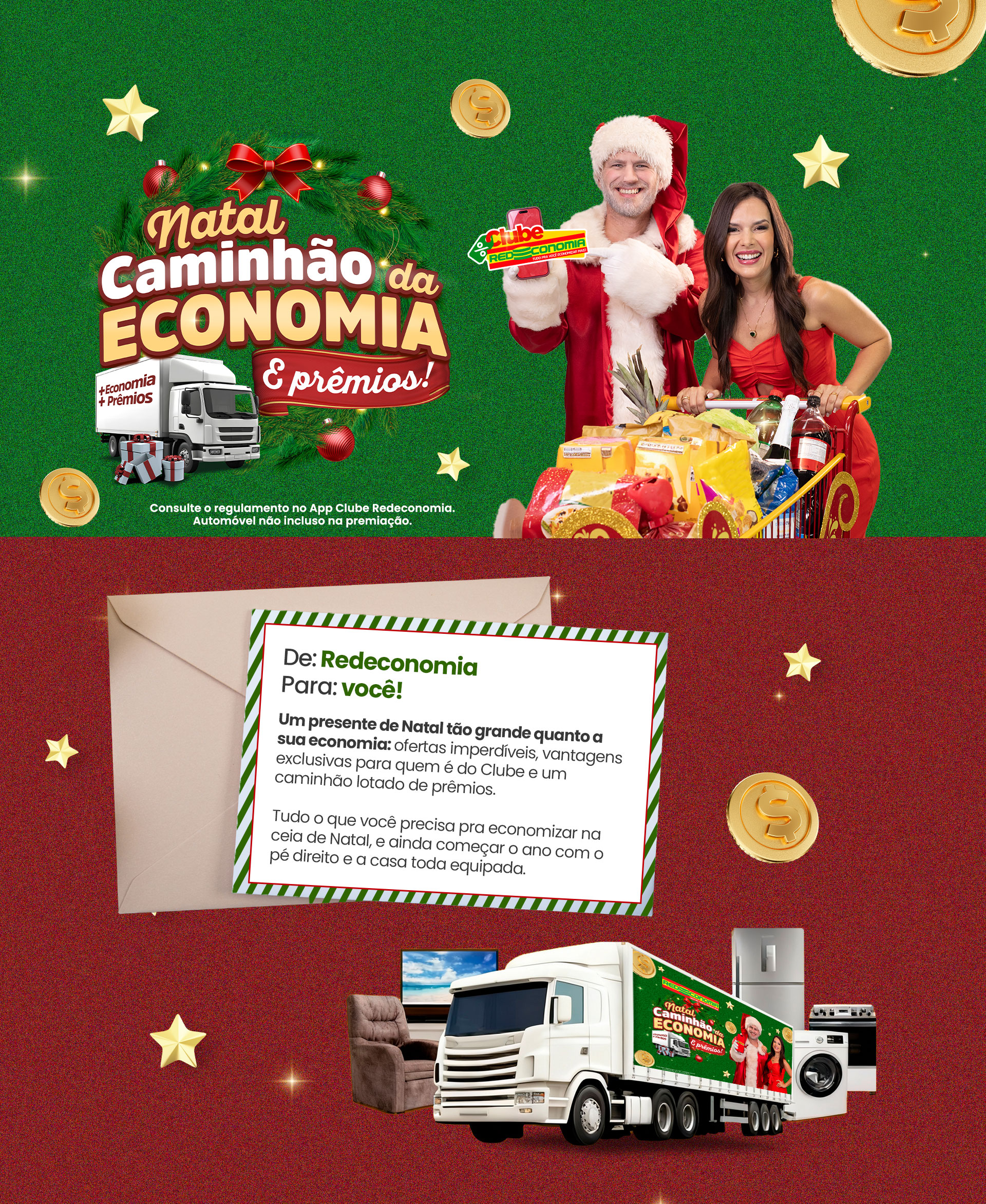 Campanha de Natal Redeconomia — arte principal com destaque para as ofertas e o clima natalino